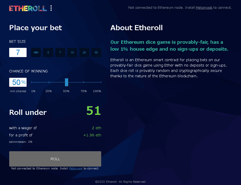 etheroll dice crypto